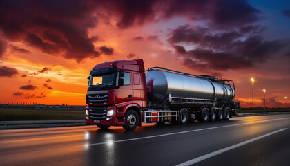 Fuel Tanker Truck Delivering Gas to a Service Station Beneath a Dramatic Night Sky
