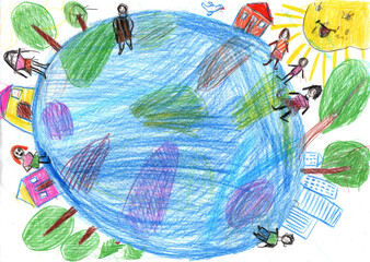 Child drawing of multicultural children holding hands around the world. World peace. No war