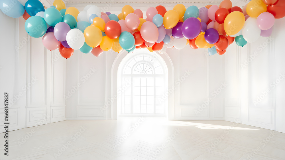 Wall mural colorful balloons on white studio background. Birthday party, wedding, anniversary and event celebration backdrop decoration design.