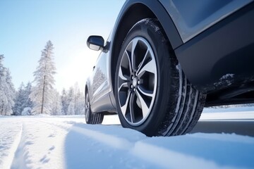 New car winter tire at forest road. Winter travel close snowy. Generate Ai