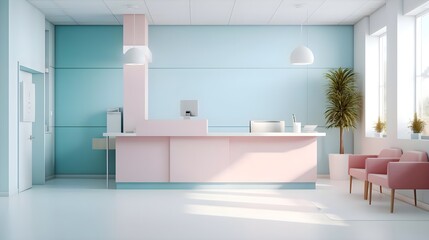 Minimalist hospital reception counter area with a modern counter design. - obrazy, fototapety, plakaty