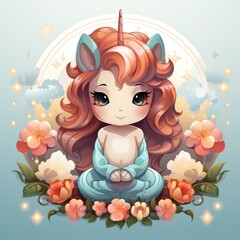Unicorn Meditation Yoga Icon ,Cartoon Illustration, For Printing