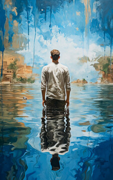 Abstract paining of a young man standing in the middle of the lake looking out into the dripping blue sky. 