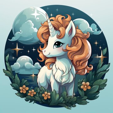 Unicorn Holding Star Moon Icon,Cartoon Illustration, For Printing
