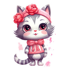 Watercolor Cute Kawaii Cat Valentine Clipart Illustration