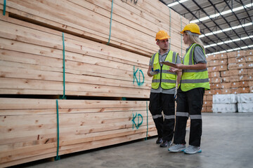 Engineer team standing walking in warehouse examining hardwood material for wood furniture production. Technician man and woman working on quality control in lumber pallet factory. Worker check stock