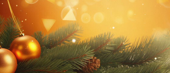 Christmas background with fir branches, golden balls and bokeh lights.