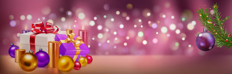 Holiday illustration with gift boxes with ribbons and bow, several burning candles, Christmas tree branch and balls on a blurred background with bokeh effect in purple colors