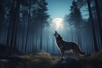 Wolf forest moon night. Face winter art predator canine. Generate Ai