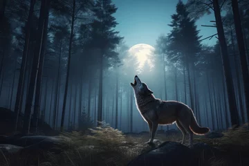 Wandcirkels aluminium Wolf forest moon night. Face winter art predator canine. Generate Ai © nsit0108