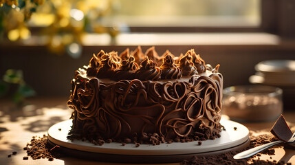 Fototapeta na wymiar Top view of chocolate cake decorated with chocolate curls, sitting in bright sunlight, generative ai