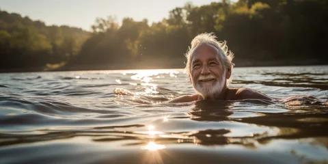 Fotobehang old healthy male man swiming in river fresness cheerful lifestyle nature background © VERTEX SPACE