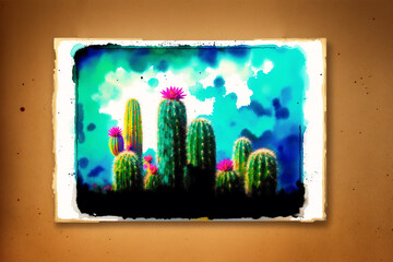 A colorful picture of a variety of cactuses. A colorful cactus painting. Watercolor paint. Digital art, Generative AI