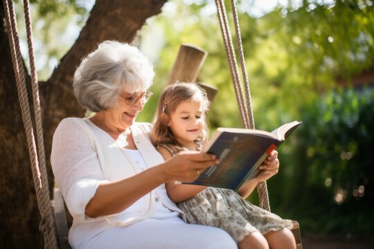 old senior grandmother in swing easy comfort hammock with her child girl nephew reading book together happiness cheerful at home healthy lifestyle