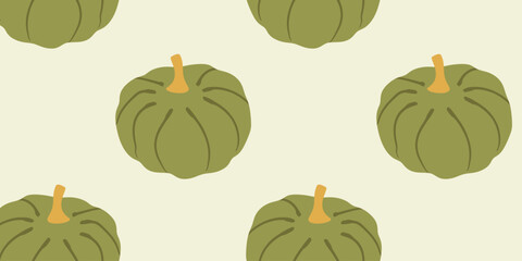 Thanksgiving day background. Vector cartoon illustration, hello autumn. Seamless pattern with cozy green pumpkins, Hygge time. Halloween party, Kitchen linen decor, Textile and fabric template