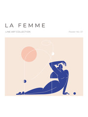 Contemporary modern print. Woman silhouette, nude female body in abstract pose, mid century composition with geometric shapes. Beauty, Femininity concept for wall decor, posters. Vector illustration - 668149862