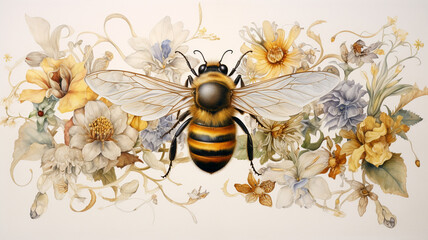 watercolor painting of bee and flowers, bee and honey