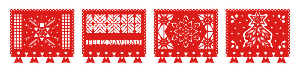 New Year, Merry Christmas, Feliz Navidad set of banners. Mexican Papel Picado garlands, holiday decorations. 