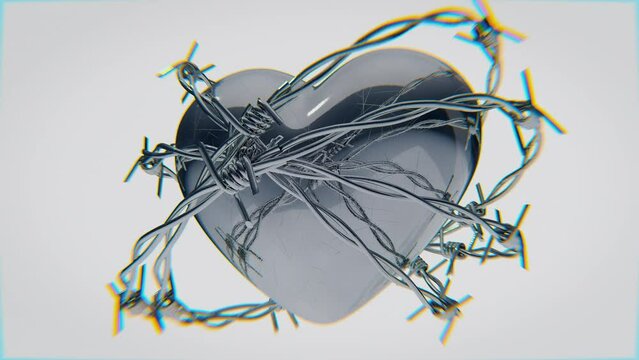 Looped animation of barbed wire spinning around a metal heart.