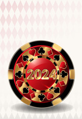 Casino xmas poker chip Happy 2024 new year. vector illustration
