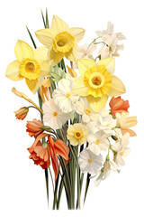 Bouquet of multicolored daffodils and roses in watercolor painting