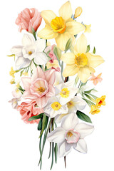 Fototapeta premium Bouquet of multicolored daffodils and roses in watercolor painting