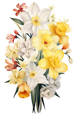 Bouquet of multicolored daffodils and roses in watercolor painting