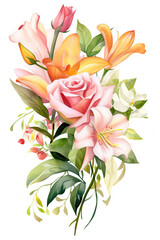 Bouquet of orange lilly and roses in watercolor painting