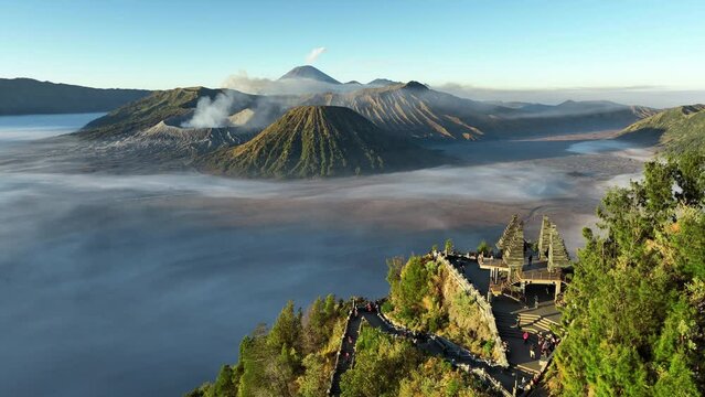 Aerial view of beautiful morning, Mount Bromo. Located in Bromo, Tengger, Semeru National Park, East Java, Indonesia.	