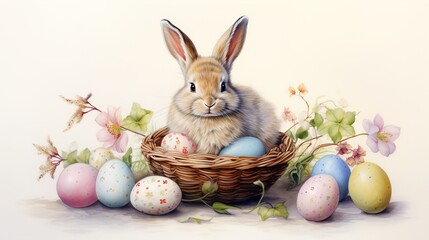 painted easter bunny sitting between colored easter eggs