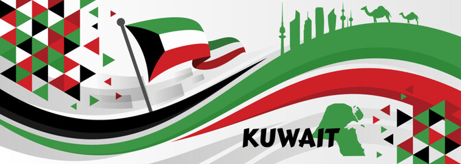 Kuwait national day banner with its name in Arabic calligraphy. Kuwaiti flag colors theme white background with geometric abstract retro modern design. Map with Landmarks for independence day.