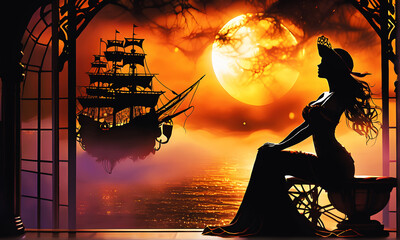 Masterpiece of a Halloween Pirate Woman Sitting in the Captain's Chair (PNG 12000x7200)