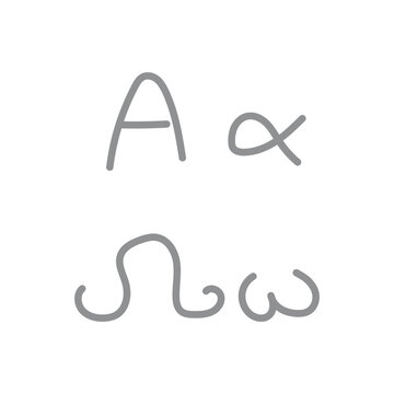 Alpha and omega greek alphabet letters. Small and capital alpha and omega. Scientific doodle handwriting concept.