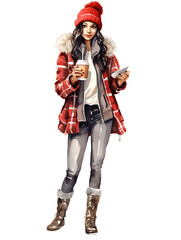 Obraz premium Charming young woman in casual winter clothes, with a hot take out coffee cup.