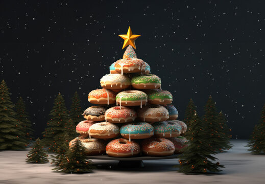 Christmas story. donuts with multi-colored glaze on a plate in the shape of a Christmas tree. 