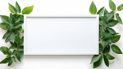 Fototapeta na wymiar Elegant white rectangular frame adorned with fresh green leaves, simple eco design