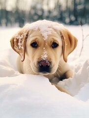 Energetic labrador puppy enjoys snowy winter playtime 