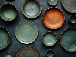 Handmade ceramics, empty gray craft plates. Plain simple background. Top view.