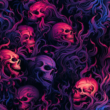 seamless texture pattern with scary dead human skulls on dark background