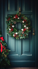 Christmas wreath on the door of a house. Christmas decoration. - obrazy, fototapety, plakaty