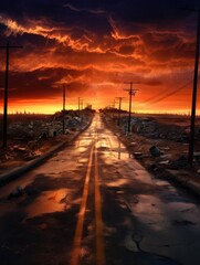 Post apocalyptic background image of wasteland with abandoned and  cracked road to nowhere