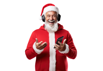 Stylish Santa, a music lover at heart, derives pleasure from beats and rhythm through headphones, cut out. Ideal for holiday music and Christmas parties