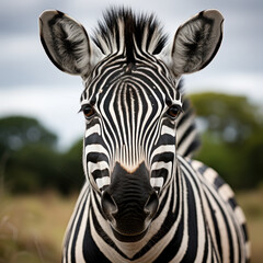 A portrait of a zebra in black and white. The zebra
