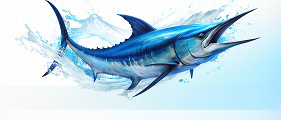 Blue Marlin Swordfish Jumping On White Background - obrazy, fototapety, plakaty