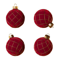 Set of four red velvet realistic Christmas ball ornaments. 3d render. Festive baubles with golden criss-cross diagonal decor isolated on a transparent background.