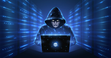 Hacker. Cyber criminal with laptop and server room behind it. Cyber crime, hacker activity, ddos attack, digital system security, fraud money - obrazy, fototapety, plakaty