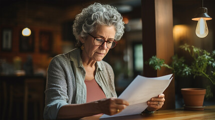 Elderly woman reading documents at home. Elderly lady in glasses and casual clothes sitting at table and writing.