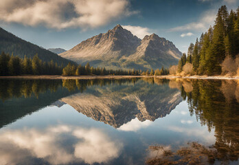A mountain landscape with reflections in a calm lake.