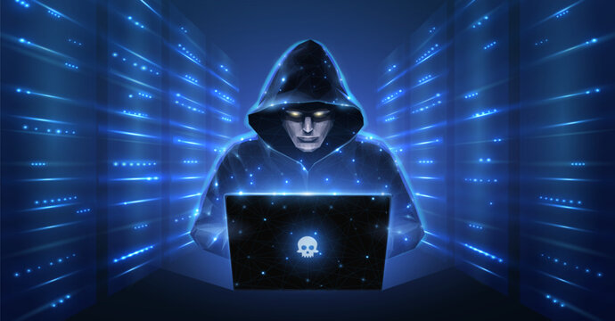 Hacker. Cyber criminal with laptop and server room behind it. Cyber crime, hacker activity, ddos attack, digital system security, fraud money