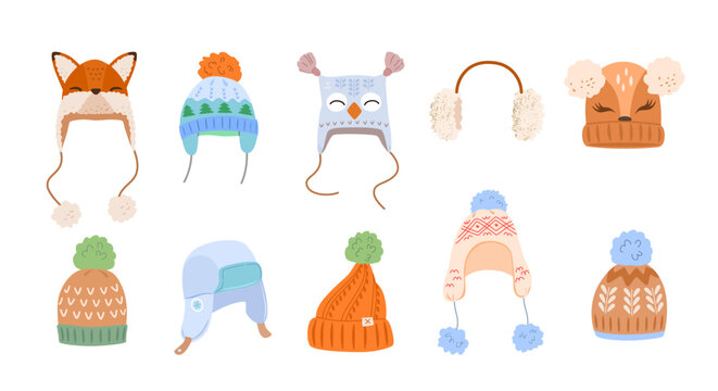 Set of children's warm knitted fur hats with pompoms of different shapes and patterns. Autumn-winter collection of accessories for boys, girls. Vector illustration in flat style on white background.